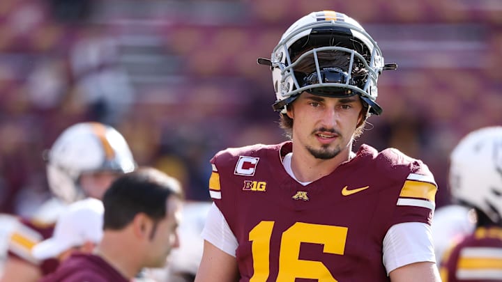 Oct 26, 2024; Minneapolis, Minnesota, USA; Minnesota Golden Gophers quarterback Max Brosmer (16) looks on before the game against the Maryland Terrapins at Huntington Bank Stadium. Mandatory Credit: Matt Krohn-Imagn Images