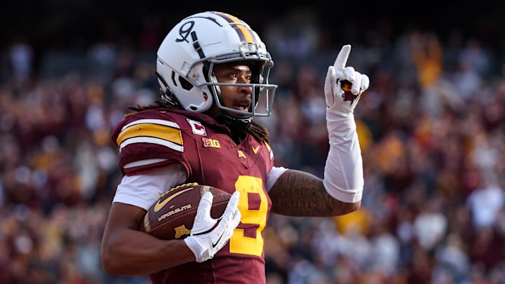 Oct 26, 2024; Minneapolis, Minnesota, USA; Minnesota Golden Gophers wide receiver Daniel Jackson (9) celebrates his touchdown against the Maryland Terrapins during the first half at Huntington Bank Stadium. Mandatory Credit: Matt Krohn-Imagn Images