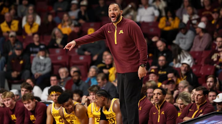Nov 16, 2024; Minneapolis, Minnesota, USA; Minnesota Golden Gophers head coach Ben Johnson reacts during the second half against the Yale Bulldogs at Williams Arena. Mandatory Credit: Matt Krohn-Imagn Images Nov 16, 2024; Minneapolis, Minnesota, USA; Minnesota Golden Gophers head coach Ben Johnson reacts during the second half against the Yale Bulldogs at Williams Arena. Mandatory Credit: Matt Krohn-Imagn Images