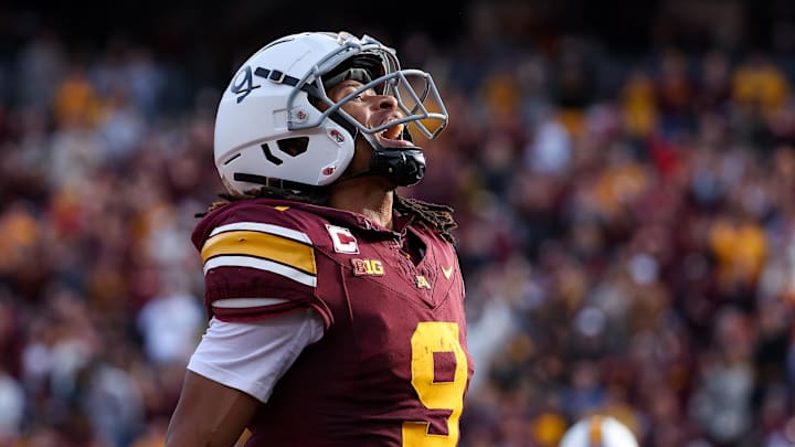 Oct 26, 2024; Minneapolis, Minnesota, USA; Minnesota Golden Gophers wide receiver Daniel Jackson (9) celebrates his touchdown against the Maryland Terrapins during the first half at Huntington Bank Stadium. Mandatory Credit: Matt Krohn-Imagn Images