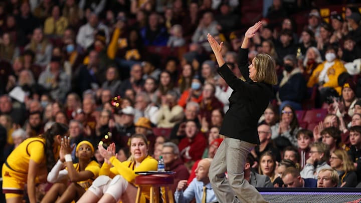 Jan 14, 2024; Minneapolis, Minnesota, USA; Minnesota Golden Gophers head coach Dawn Plitzuweit reacts during the second half against the Nebraska Cornhuskers at Williams Arena. Mandatory Credit: Matt Krohn-Imagn Images Jan 14, 2024; Minneapolis, Minnesota, USA; Minnesota Golden Gophers head coach Dawn Plitzuweit reacts during the second half against the Nebraska Cornhuskers at Williams Arena. Mandatory Credit: Matt Krohn-Imagn Images
