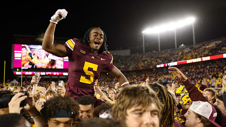 Oct 5, 2024; Minneapolis, Minnesota, USA; Minnesota Golden Gophers wide receiver T.J. McWilliams (5) celebrates his teams win after the game against the USC Trojans at Huntington Bank Stadium. Mandatory Credit: Matt Krohn-Imagn Images