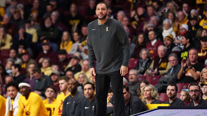 Jan 15, 2024; Minneapolis, Minnesota, USA; Minnesota Golden Gophers head coach Ben Johnson looks on during the first half against the Iowa Hawkeyes at Williams Arena. Mandatory Credit: Matt Krohn-Imagn Images Jan 15, 2024; Minneapolis, Minnesota, USA; Minnesota Golden Gophers head coach Ben Johnson looks on during the first half against the Iowa Hawkeyes at Williams Arena. Mandatory Credit: Matt Krohn-Imagn Images
