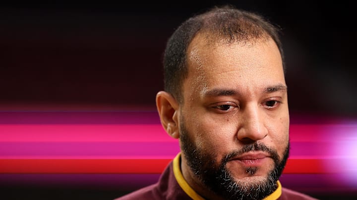 Nov 16, 2024; Minneapolis, Minnesota, USA; Minnesota Golden Gophers head coach Ben Johnson answers questions during a post game interview after the game against the Yale Bulldogs at Williams Arena. Mandatory Credit: Matt Krohn-Imagn Images
