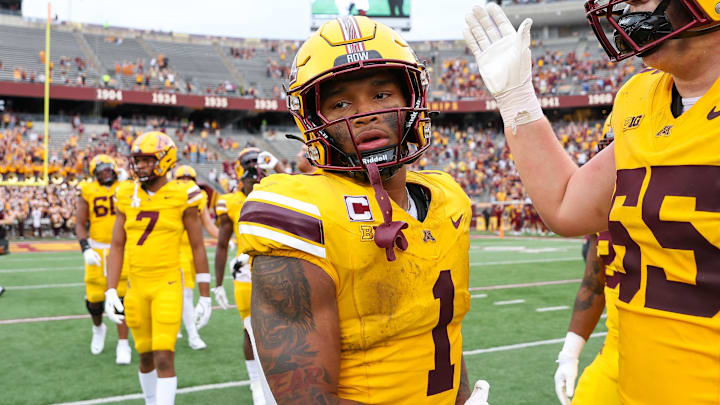 Sep 14, 2024; Minneapolis, Minnesota, USA; Minnesota Golden Gophers running back Darius Taylor (1) celebrates his teams win against the Nevada Wolf Pack after the game at Huntington Bank Stadium. Mandatory Credit: Matt Krohn-Imagn Images