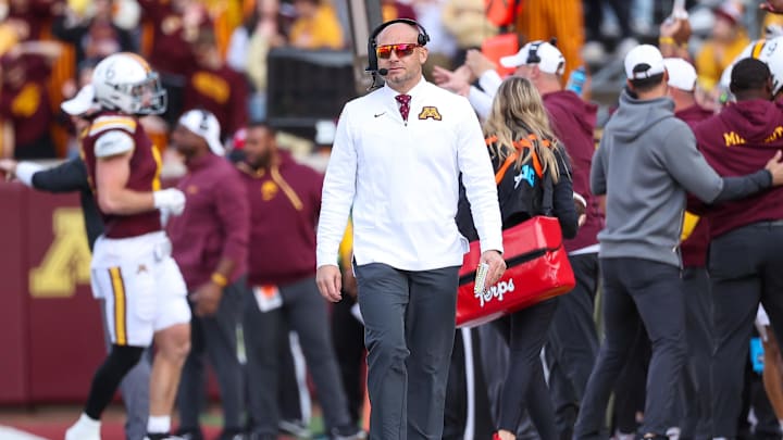 Oct 26, 2024; Minneapolis, Minnesota, USA; Minnesota Golden Gophers head coach P.J. Fleck looks on during the first half against the Maryland Terrapins at Huntington Bank Stadium. Mandatory Credit: Matt Krohn-Imagn Images