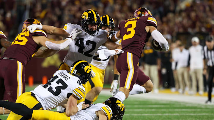 Sep 21, 2024; Minneapolis, Minnesota, US; Minnesota Golden Gophers defensive back Koi Perich (3) returns a kick during the second half against the Iowa Hawkeyes at Huntington Bank Stadium. Mandatory Credit: Matt Krohn-Imagn Images Sep 21, 2024; Minneapolis, Minnesota, US; Minnesota Golden Gophers defensive back Koi Perich (3) returns a kick during the second half against the Iowa Hawkeyes at Huntington Bank Stadium. Mandatory Credit: Matt Krohn-Imagn Images