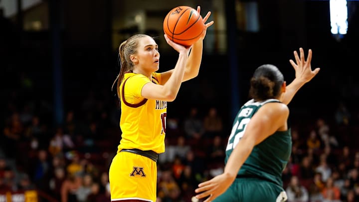 Jan 20, 2024; Minneapolis, Minnesota, USA; Minnesota Golden Gophers guard Mara Braun (10) shoots as Michigan State Spartans guard Moira Joiner (22) defends during the first half at Williams Arena. Mandatory Credit: Matt Krohn-Imagn Images Jan 20, 2024; Minneapolis, Minnesota, USA; Minnesota Golden Gophers guard Mara Braun (10) shoots as Michigan State Spartans guard Moira Joiner (22) defends during the first half at Williams Arena. Mandatory Credit: Matt Krohn-Imagn Images