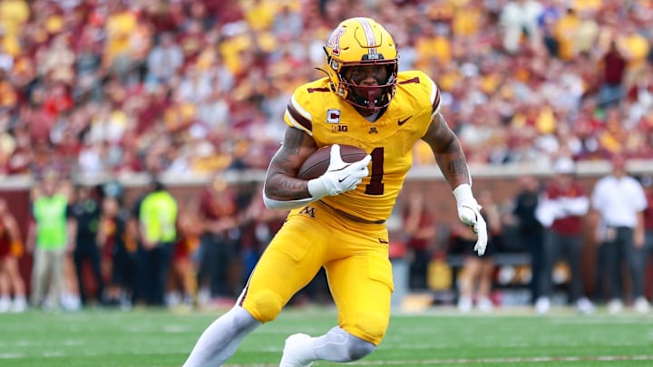 Sep 14, 2024; Minneapolis, Minnesota, USA; Minnesota Golden Gophers running back Darius Taylor (1) runs the ball against the Nevada Wolf Pack during the first half at Huntington Bank Stadium. Mandatory Credit: Matt Krohn-Imagn Images Sep 14, 2024; Minneapolis, Minnesota, USA; Minnesota Golden Gophers running back Darius Taylor (1) runs the ball against the Nevada Wolf Pack during the first half at Huntington Bank Stadium. Mandatory Credit: Matt Krohn-Imagn Images