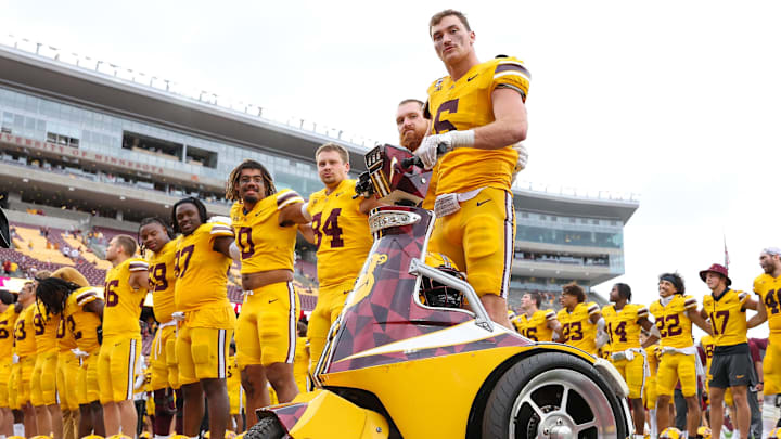 Sep 14, 2024; Minneapolis, Minnesota, USA; Minnesota Golden Gophers linebacker Maverick Baranowski (6) poses for a photo after the game against the Nevada Wolf Pack at Huntington Bank Stadium. Mandatory Credit: Matt Krohn-Imagn Images