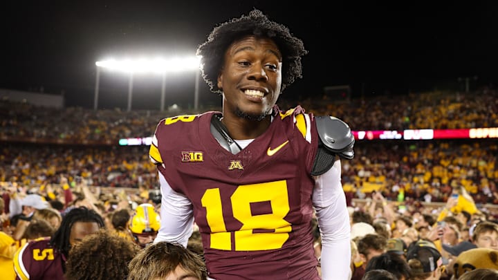 Oct 5, 2024; Minneapolis, Minnesota, USA; Minnesota Golden Gophers wide receiver Donielle Hayes (18) celebrates his teams win after the game against the USC Trojans at Huntington Bank Stadium. Mandatory Credit: Matt Krohn-Imagn Images Oct 5, 2024; Minneapolis, Minnesota, USA; Minnesota Golden Gophers wide receiver Donielle Hayes (18) celebrates his teams win after the game against the USC Trojans at Huntington Bank Stadium. Mandatory Credit: Matt Krohn-Imagn Images