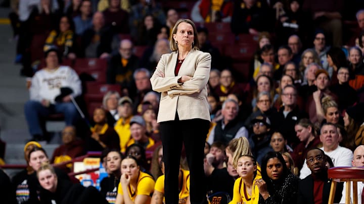 Jan 20, 2024; Minneapolis, Minnesota, USA; Minnesota Golden Gophers head coach Dawn Plitzuweit looks on during the second half against the Michigan State Spartans at Williams Arena. Mandatory Credit: Matt Krohn-Imagn Images