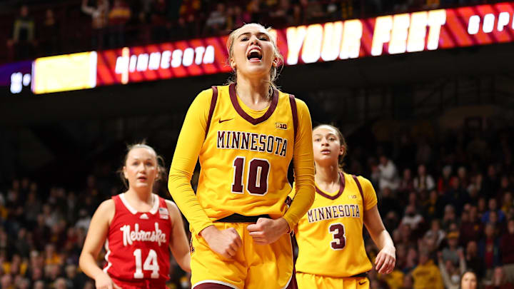 Jan 14, 2024; Minneapolis, Minnesota, USA; Minnesota Golden Gophers guard Mara Braun (10) celebrates during the second half against the Nebraska Cornhuskers at Williams Arena. Mandatory Credit: Matt Krohn-Imagn Images