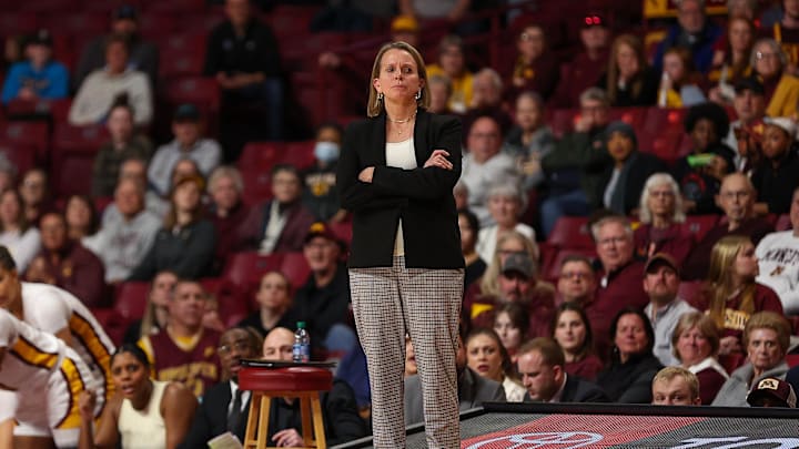 Jan 31, 2024; Minneapolis, Minnesota, USA; Minnesota Golden Gophers head coach Dawn Plitzuweit reacts during the first half against the Penn State Nittany Lions at Williams Arena. Mandatory Credit: Matt Krohn-Imagn Images