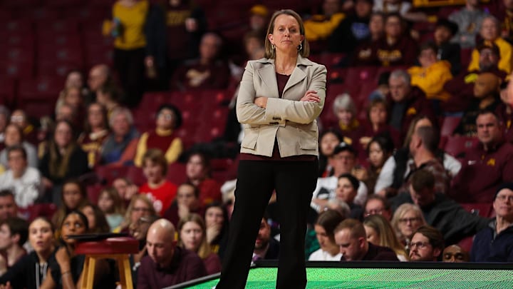 Feb 8, 2024; Minneapolis, Minnesota, USA; Minnesota Golden Gophers head coach Dawn Plitzuweit looks on during the second half against the Ohio State Buckeyes at Williams Arena. Mandatory Credit: Matt Krohn-Imagn Images Feb 8, 2024; Minneapolis, Minnesota, USA; Minnesota Golden Gophers head coach Dawn Plitzuweit looks on during the second half against the Ohio State Buckeyes at Williams Arena. Mandatory Credit: Matt Krohn-Imagn Images
