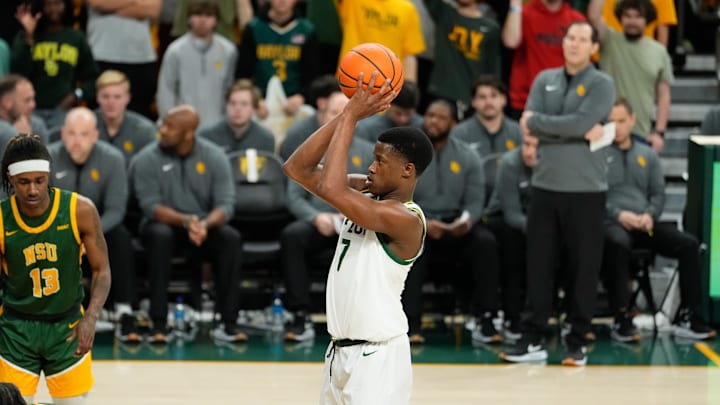 Dec 11, 2024; Waco, Texas, USA; Baylor Bears guard VJ Edgecombe (7) shoots a free throw against the Norfolk State Spartans during the second half at Paul and Alejandra Foster Pavilion. Mandatory Credit: Chris Jones-Imagn Images Dec 11, 2024; Waco, Texas, USA; Baylor Bears guard VJ Edgecombe (7) shoots a free throw against the Norfolk State Spartans during the second half at Paul and Alejandra Foster Pavilion. Mandatory Credit: Chris Jones-Imagn Images