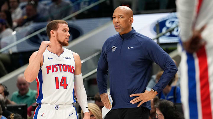 Apr 12, 2024; Dallas, Texas, USA; Detroit Pistons head coach Monty Williams speaks with Detroit Pistons guard Malachi Flynn (14) during a break in play against the Dallas Mavericks during the first half at American Airlines Center. Mandatory Credit: Chris Jones-USA TODAY Sports