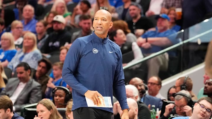 Apr 12, 2024; Dallas, Texas, USA; Detroit Pistons head coach Monty Williams looks on during the game against the Dallas Mavericks American Airlines Center. Mandatory Credit: Chris Jones-Imagn Images