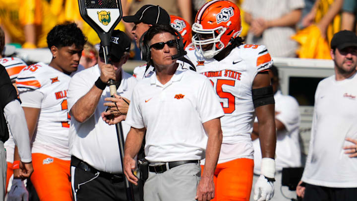 Oct 26, 2024; Waco, Texas, USA;  Oklahoma State Cowboys head coach Mike Gundy reacts during the first half against the Baylor Bears at McLane Stadium. Mandatory Credit: Chris Jones-Imagn Images