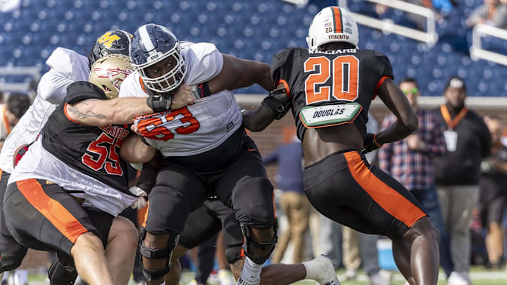 Feb 1, 2024; Mobile, AL, USA; American offensive lineman Christian Haynes of UConn (63) battles with American defensive lineman Braden Fiske of Florida State (55) and American linebacker James Williams of Miami (20) during practice for the American team at Hancock Whitney Stadium. Mandatory Credit: Vasha Hunt-USA TODAY Sports Feb 1, 2024; Mobile, AL, USA; American offensive lineman Christian Haynes of UConn (63) battles with American defensive lineman Braden Fiske of Florida State (55) and American linebacker James Williams of Miami (20) during practice for the American team at Hancock Whitney Stadium. Mandatory Credit: Vasha Hunt-USA TODAY Sports