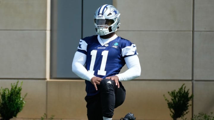 Jun 5, 2024; Frisco, TX, USA; Dallas Cowboys linebacker Micah Parson (11) warms up during practice at the Ford Center at the Star Training Facility in Frisco, Texas. Mandatory Credit: Chris Jones-USA TODAY Sports Jun 5, 2024; Frisco, TX, USA; Dallas Cowboys linebacker Micah Parson (11) warms up during practice at the Ford Center at the Star Training Facility in Frisco, Texas. Mandatory Credit: Chris Jones-USA TODAY Sports