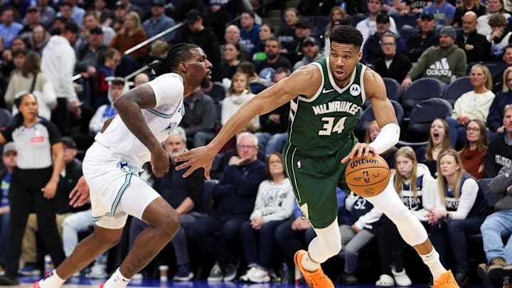 Feb 23, 2024; Minneapolis, Minnesota, USA; Milwaukee Bucks forward Giannis Antetokounmpo (34) works around Minnesota Timberwolves center Naz Reid (11) during the first half at Target Center. Mandatory Credit: Matt Krohn-Imagn Images Feb 23, 2024; Minneapolis, Minnesota, USA; Milwaukee Bucks forward Giannis Antetokounmpo (34) works around Minnesota Timberwolves center Naz Reid (11) during the first half at Target Center. Mandatory Credit: Matt Krohn-Imagn Images