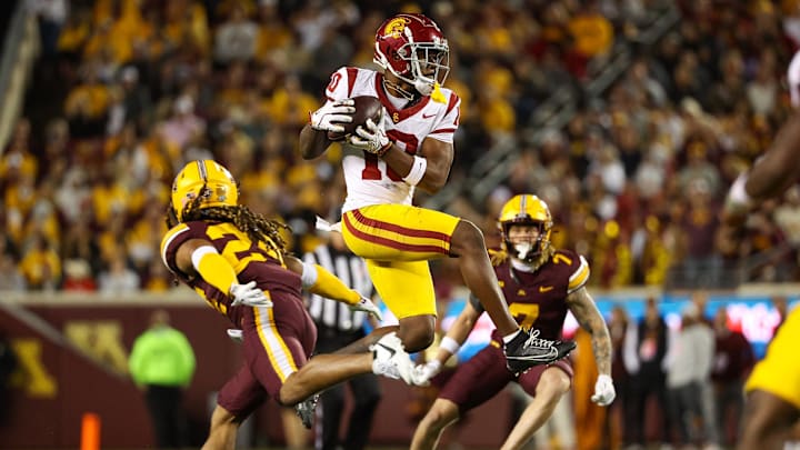 Oct 5, 2024; Minneapolis, Minnesota, USA; USC Trojans wide receiver Kyron Hudson (10) catches a pass during the second half against the Minnesota Golden Gophers at Huntington Bank Stadium. Mandatory Credit: Matt Krohn-Imagn Images