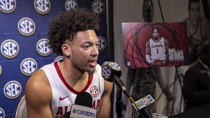 Oct 15, 2024; Birmingham, AL, USA; Alabama Crimson Tide guard Mark Sears talks with the media during SEC Media Days at Grand Bohemian Hotel. Mandatory Credit: Vasha Hunt-Imagn Images Oct 15, 2024; Birmingham, AL, USA; Alabama Crimson Tide guard Mark Sears talks with the media during SEC Media Days at Grand Bohemian Hotel. Mandatory Credit: Vasha Hunt-Imagn Images