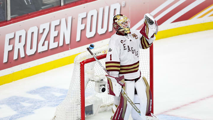 Apr 11, 2024; Saint Paul, Minnesota, USA; Boston College Eagles goaltender Jacob Fowler (1) celebrates the win against the Michigan Wolverines after the semifinals of the 2024 Frozen Four college ice hockey tournament at Xcel Energy Center. Mandatory Credit: Matt Krohn-Imagn Images