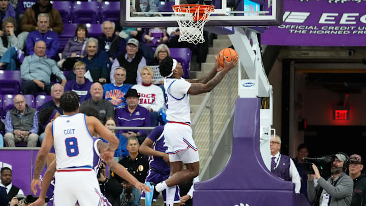 Jan 22, 2025; Fort Worth, Texas, USA; Kansas Jayhawks guard AJ Storr (2) scores a basket against the TCU Horned Frogs during the first half at Ed and Rae Schollmaier Arena. Mandatory Credit: Chris Jones-Imagn Images Jan 22, 2025; Fort Worth, Texas, USA; Kansas Jayhawks guard AJ Storr (2) scores a basket against the TCU Horned Frogs during the first half at Ed and Rae Schollmaier Arena. Mandatory Credit: Chris Jones-Imagn Images