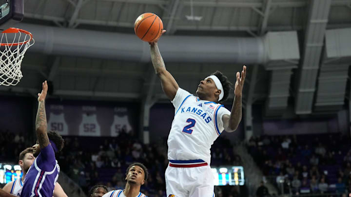 Jan 22, 2025; Fort Worth, Texas, USA;  Kansas Jayhawks guard AJ Storr (2) grabs a rebound against the TCU Horned Frogs during the first half at Ed and Rae Schollmaier Arena. Mandatory Credit: Chris Jones-Imagn Images