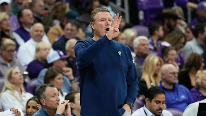 Jan 22, 2025; Fort Worth, Texas, USA; Kansas Jayhawks head coach Bill Self calls a play against the TCU Horned Frogs during the first half at Ed and Rae Schollmaier Arena. Mandatory Credit: Chris Jones-Imagn Images Jan 22, 2025; Fort Worth, Texas, USA; Kansas Jayhawks head coach Bill Self calls a play against the TCU Horned Frogs during the first half at Ed and Rae Schollmaier Arena. Mandatory Credit: Chris Jones-Imagn Images