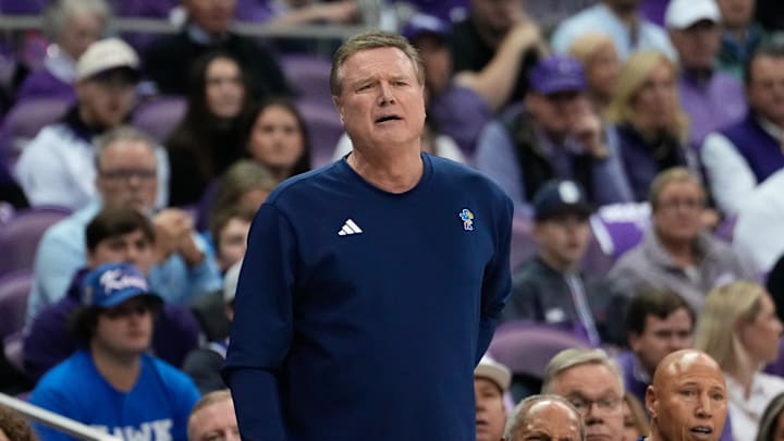 Jan 22, 2025; Fort Worth, Texas, USA;  Kansas Jayhawks head coach Bill Self reacts after a play against the TCU Horned Frogs during the first half at Ed and Rae Schollmaier Arena. Mandatory Credit: Chris Jones-Imagn Images