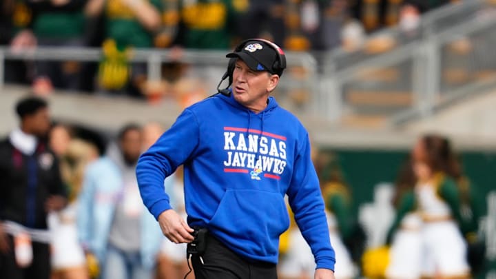 Nov 30, 2024; Waco, Texas, USA;  Kansas Jayhawks head coach Lance Leipold reacts during the first half against the Baylor Bears at McLane Stadium. Mandatory Credit: Chris Jones-Imagn Images