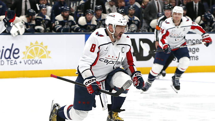 Oct 24, 2025; Columbus, Ohio, USA; Washington Capitals left wing Alex Ovechkin (8) celebrates goal his 899th goal against the Columbus Blue Jackets during the third period at Nationwide Arena. Mandatory Credit: Russell LaBounty-Imagn Images Oct 24, 2025; Columbus, Ohio, USA; Washington Capitals left wing Alex Ovechkin (8) celebrates goal his 899th goal against the Columbus Blue Jackets during the third period at Nationwide Arena. Mandatory Credit: Russell LaBounty-Imagn Images