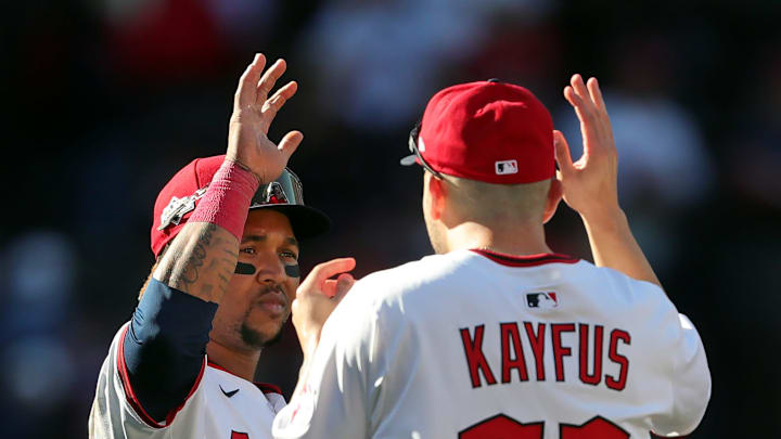 Cleveland Guardians third baseman Jose Ramirez (11) celebrates with Cleveland Guardians first baseman CJ Kayfus (63) after Game 2 of the American League wild card series at Progressive Field, Oct. 1, 2025, in Cleveland, Ohio.
