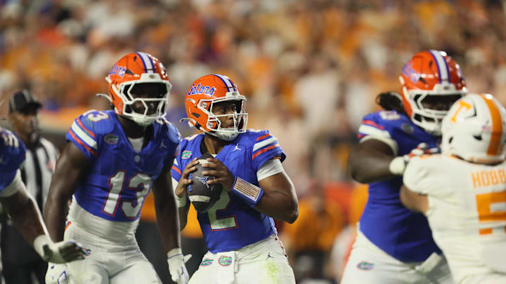 Florida quarterback DJ Lagway (2) looks to throw against Tennessee during the first half of an NCAA football game against Tennessee at Steve Spurrier Field at Ben Hill Griffin Stadium in Gainesville, FL on Saturday, November 22, 2025. [Alan Youngblood/Gainesville Sun]