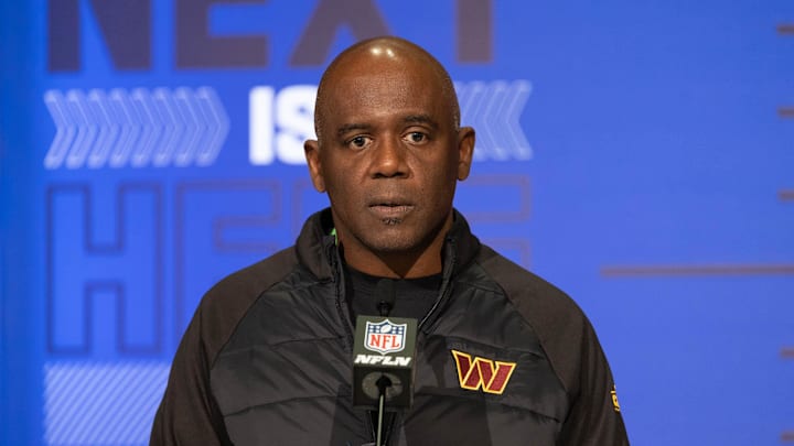 Mar 2, 2022; Indianapolis, IN, USA; Washington Commanders general manager Martin Mayhew talks to the media during the 2022 NFL Combine. Mandatory Credit: Trevor Ruszkowski-Imagn Images