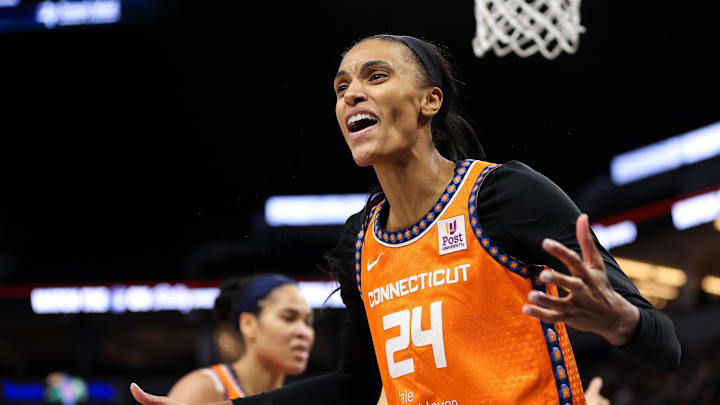 Oct 1, 2024; Minneapolis, Minnesota, USA; Connecticut Sun forward DeWanna Bonner (24) reacts during the second half of game two of the 2024 WNBA Semi-finals against the Minnesota Lynx at Target Center. Oct 1, 2024; Minneapolis, Minnesota, USA; Connecticut Sun forward DeWanna Bonner (24) reacts during the second half of game two of the 2024 WNBA Semi-finals against the Minnesota Lynx at Target Center.