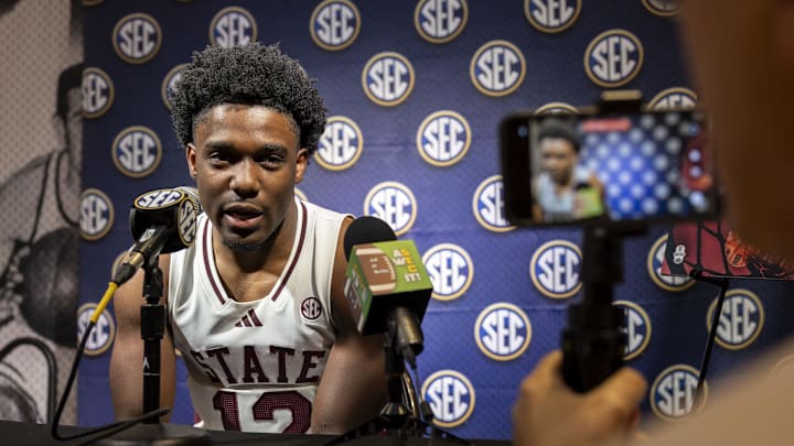 Mississippi State Bulldogs guard Josh Hubbard talks with the media during SEC Media Days at Grand Bohemian Hotel.