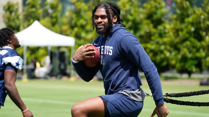 Jun 5, 2024; Frisco, TX, USA;  Dallas Cowboys cornerback Trevon Diggs (7) goes through a drill during practice at the Ford Center at the Star Training Facility in Frisco, Texas. Mandatory Credit: Chris Jones-USA TODAY Sports