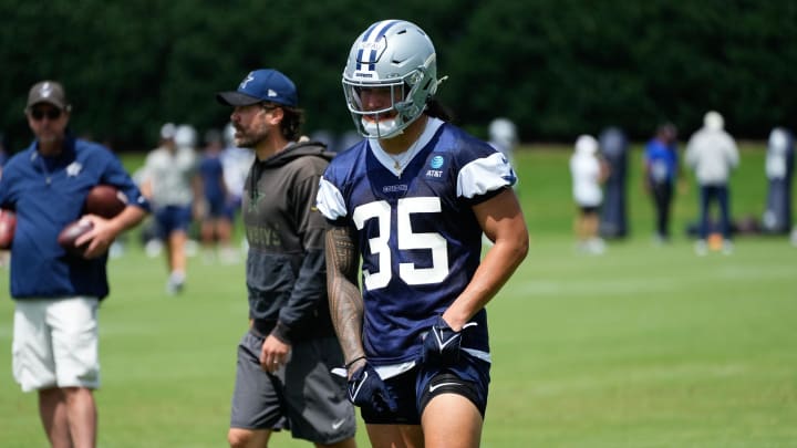 Jun 5, 2024; Frisco, TX, USA; Dallas Cowboys linebacker Marist Liufau (35) goes through a drill during practice at the Ford Center at the Star Training Facility in Frisco, Texas. Mandatory Credit: Chris Jones-USA TODAY Sports Jun 5, 2024; Frisco, TX, USA; Dallas Cowboys linebacker Marist Liufau (35) goes through a drill during practice at the Ford Center at the Star Training Facility in Frisco, Texas. Mandatory Credit: Chris Jones-USA TODAY Sports