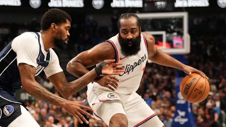 Dec 21, 2024; Dallas, Texas, USA; LA Clippers guard James Harden (1) controls the ball against Dallas Mavericks forward Naji Marshall (13) during the first half at American Airlines Center. Mandatory Credit: Chris Jones-Imagn Images Dec 21, 2024; Dallas, Texas, USA; LA Clippers guard James Harden (1) controls the ball against Dallas Mavericks forward Naji Marshall (13) during the first half at American Airlines Center. Mandatory Credit: Chris Jones-Imagn Images