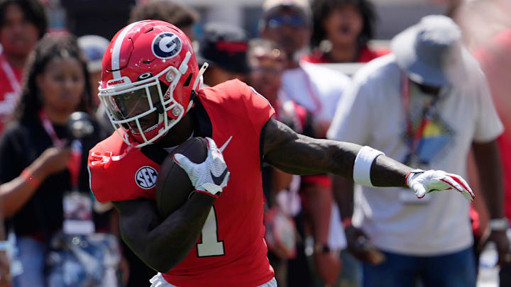 Georgia wide receiver Zachariah Branch (1) warms up before the start of a NCAA college football game against Marshall in Athens, Ga., on Saturday, August. 30, 2025.