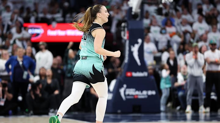 Oct 16, 2024; Minneapolis, Minnesota, USA; New York Liberty guard Sabrina Ionescu (20) celebrates her 3-point basket against the Minnesota Lynx during the second half of game three of the 2024 WNBA Finals at Target Center. Mandatory Credit: Matt Krohn-Imagn Images Oct 16, 2024; Minneapolis, Minnesota, USA; New York Liberty guard Sabrina Ionescu (20) celebrates her 3-point basket against the Minnesota Lynx during the second half of game three of the 2024 WNBA Finals at Target Center. Mandatory Credit: Matt Krohn-Imagn Images