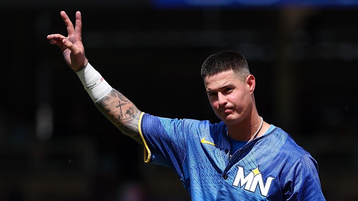  Minnesota Twins third baseman Jose Miranda (64) acknowledges the crowd after his streak of 12 consecutive at-bats with a hit comes to an end during the sixth inning against the Houston Astros at Target Field on July 6.