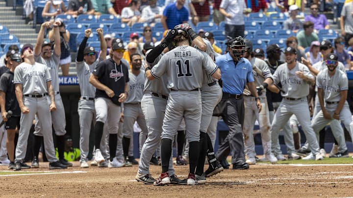 May 25, 2024; Hoover, AL, USA; South Carolina Gamecocks catcher Dalton Reeves (44) celebrates his three run hone run in the third inning against the LSU Tigers during the SEC Baseball Tournament at Hoover Metropolitan Stadium. Mandatory Credit: Vasha Hunt-Imagn Images
