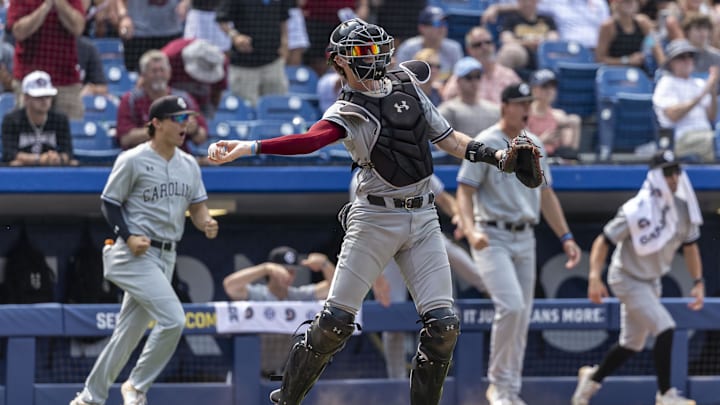 May 25, 2024; Hoover, AL, USA; South Carolina Gamecocks catcher Dalton Reeves (44) throws the ball back to he mound after the end of a half inning during the SEC Baseball Tournament at Hoover Metropolitan Stadium. Mandatory Credit: Vasha Hunt-Imagn Images
