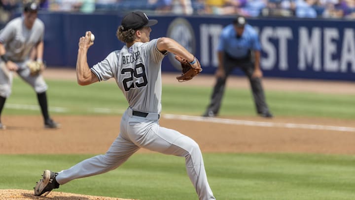 May 25, 2024; Hoover, AL, USA; South Carolina Gamecocks pitcher Matthew Becker (29) pitches against the LSU Tigers during the SEC Baseball Tournament at Hoover Metropolitan Stadium. Mandatory Credit: Vasha Hunt-Imagn Images