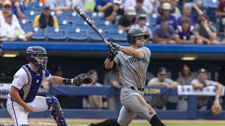May 25, 2024; Hoover, AL, USA; South Carolina Gamecocks outfielder Blake Jackson (6) takes a cut against the LSU Tigers during the SEC Baseball Tournament at Hoover Metropolitan Stadium. Mandatory Credit: Vasha Hunt-Imagn Images